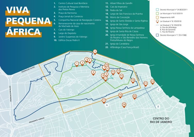 Arte/BNDES/Divulgação No âmbito da Iniciativa Viva Pequena África, considera-se Território da Pequena África qualquer uma das áreas e circuitos destacados no mapa abaixo. Foto: Arte/BNDES/Divulgação