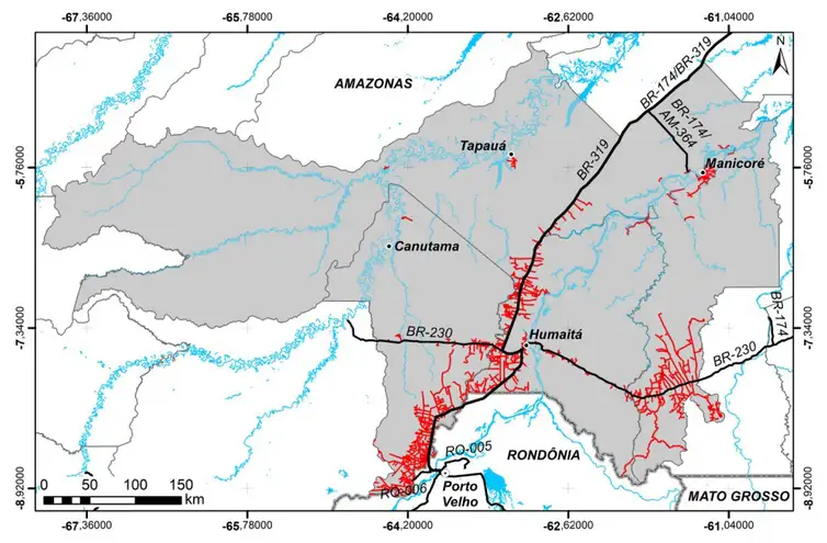 Arte/Nota técnica OBR-319 Mapa mostra ramais na floresta que acompanham a BR-319 nos municípios de Canutama, Humaitá, Manicoré e Tapauá, no sul do Amazonas. Foto Arte/Nota técnica OBR-319