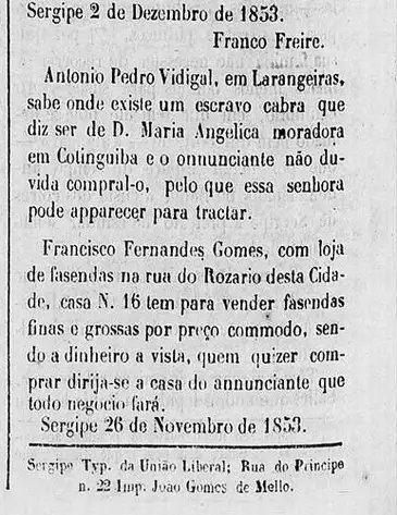 São Paulo (SP) - FOTO DE ARQUIVO - Empresários que apoiaram a ditadura. Anúncio de interesse de compra de escravizado no Jornal o Liberal (SE), em 1853, publicado por Antônio Pedro Vidigal, bisavô de Gastão Eduardo de Bueno Vidigal e Luís Eulálio de Bueno Vidigal. Foto: Acervo/Memorial da Democracia