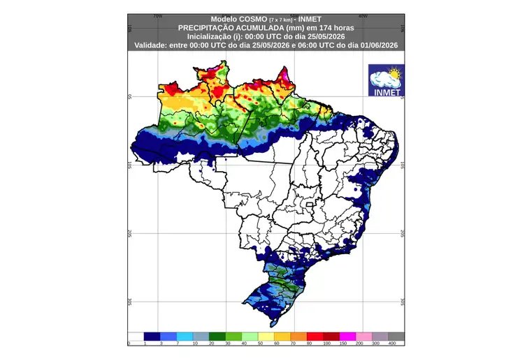 25/05/2026 - INMET divulga previsão para semana de 25 de maio a 01 de junho de 2026. Foto: Arte/ INMET