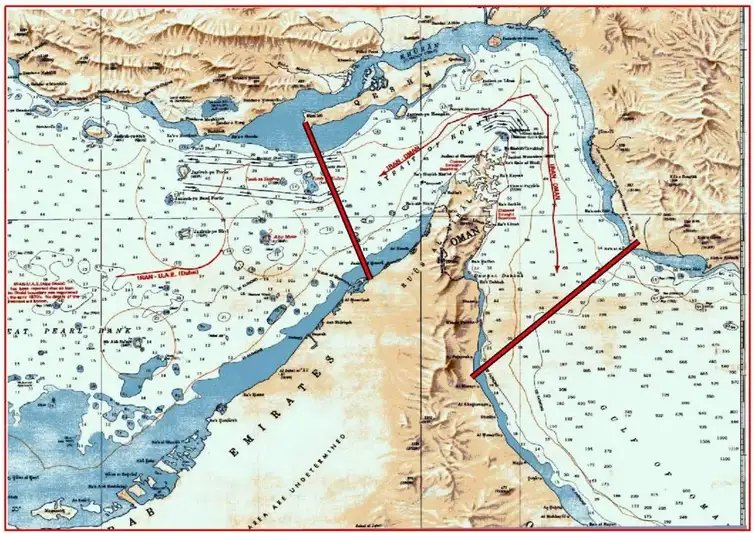 O novo Estreito de Ormuz controlado pelas Forças Armadas da República Islâmica do Irã.  Ao sul, uma linha entre o Monte Mubarak, no Irã, e o sul de Fujairah, nos Emirados Árabes Unidos. A oeste, uma linha entre a ponta da Ilha de Qeshm, no Irã, e Umm Al Quwain, nos Emirados Árabes Unidos. Foto: Tasnim News Agency/Divulgação