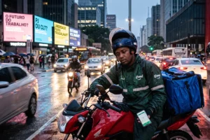 Uma fotografia de estilo editorial e cinematográfico captura um entregador de aplicativo solitário e com aparência exausta parado no trânsito pesado de uma grande cidade brasileira (sugerindo a Avenida Paulista em São Paulo, com o prédio da FIESP visível ao fundo) em uma noite chuvosa. O entregador, um homem negro de meia-idade vestindo uma jaqueta de chuva verde-escura da marca "iFood" e um capacete azul, está sentado em sua motocicleta Honda CG vermelha no meio de várias faixas de tráfego movimentadas. Ele está olhando para baixo para o smartphone em sua mão esquerda, provavelmente verificando um pedido, com outra mão segurando o celular montado no guidão. Ele carrega uma grande mochila de entrega azul em suas costas. A cena ao redor é caótica e úmida, com carros e ônibus borrados por movimento e refletindo luzes de neon e faróis no asfalto molhado. Ao fundo, grandes outdoors digitais iluminados exibem mensagens em português: "O FUTURO DO TRABALHO?" "PJ OU CLT?" "LIBERDADE PARA TRABALHAR?" "ESTAMOS VOLTANDO?" "ESTAMOS VOLTANDO?" (Are we coming back?)