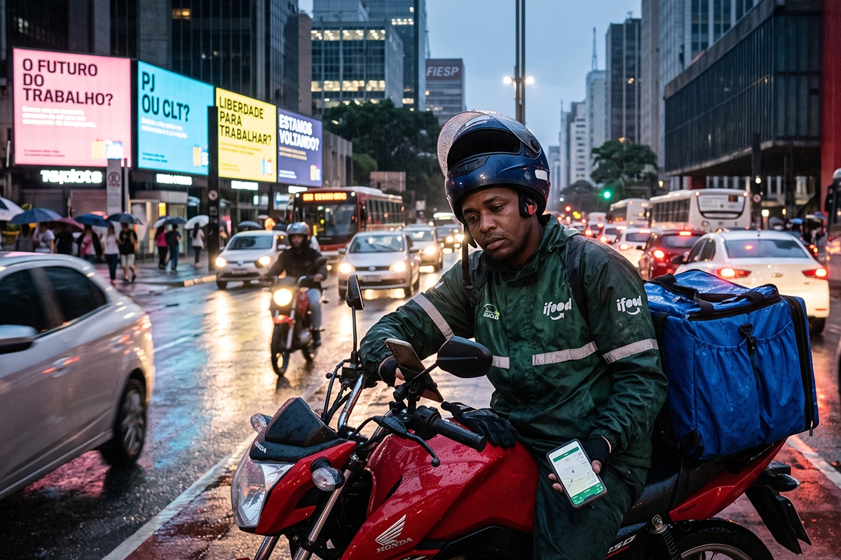 Uma fotografia de estilo editorial e cinematográfico captura um entregador de aplicativo solitário e com aparência exausta parado no trânsito pesado de uma grande cidade brasileira (sugerindo a Avenida Paulista em São Paulo, com o prédio da FIESP visível ao fundo) em uma noite chuvosa. O entregador, um homem negro de meia-idade vestindo uma jaqueta de chuva verde-escura da marca "iFood" e um capacete azul, está sentado em sua motocicleta Honda CG vermelha no meio de várias faixas de tráfego movimentadas. Ele está olhando para baixo para o smartphone em sua mão esquerda, provavelmente verificando um pedido, com outra mão segurando o celular montado no guidão. Ele carrega uma grande mochila de entrega azul em suas costas. A cena ao redor é caótica e úmida, com carros e ônibus borrados por movimento e refletindo luzes de neon e faróis no asfalto molhado. Ao fundo, grandes outdoors digitais iluminados exibem mensagens em português: "O FUTURO DO TRABALHO?" "PJ OU CLT?" "LIBERDADE PARA TRABALHAR?" "ESTAMOS VOLTANDO?" "ESTAMOS VOLTANDO?" (Are we coming back?)