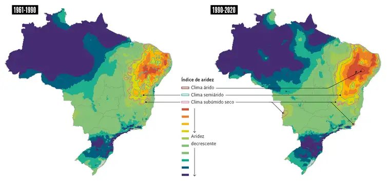 Desertificação no Brasil ameaça água, alimento, clima e biodiversidade.  Mapa comparativo da evolução da desertificação no Brasil. Crédito: Rodrigo Cunha / Revista Fapesp
