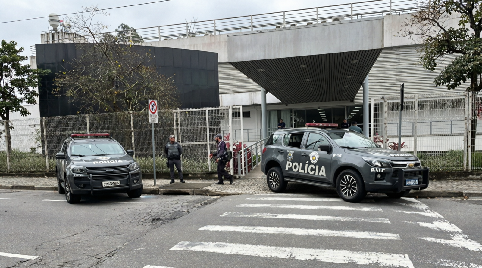 Fachada do prédio público da Câmara Municipal de Itatiba com duas viaturas da Polícia estacionadas em frente, próximo a uma faixa de pedestres. Agentes de segurança estão em pé no local.