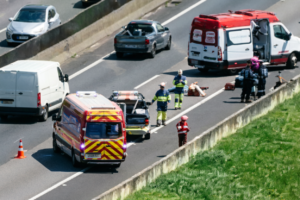 Opções de texto alternativo (ALT text) em português do Brasil:Texto Alternativo curto:Atendimento de emergência e resgate em uma das faixas de rodovia movimentada após acidente. Descrição detalhada:Fotografia aérea de atendimento a acidente de trânsito em rodovia. Veículos de resgate e ambulâncias estão parados na faixa da direita e no acostamento com sinalização de cones. Socorristas e agentes com coletes refletivos realizam o atendimento no local, enquanto o tráfego de carros e vans segue pelas faixas da esquerda.