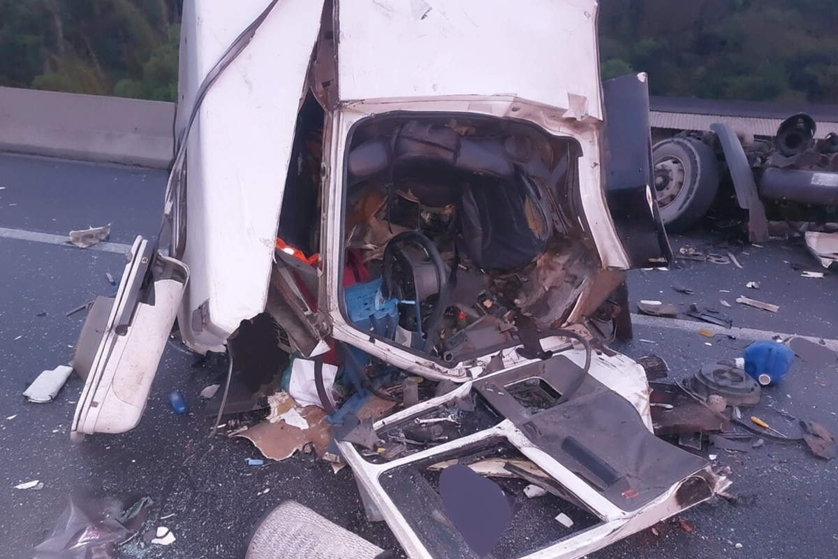 Cabine de caminhão branca severamente destruída e tombada no asfalto após acidente em rodovia, com peças do veículo e destroços espalhados pela pista.