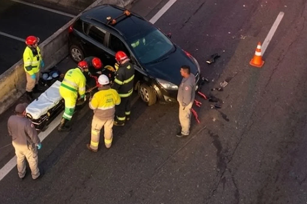 Fotografia em perspectiva superior (vista aérea) mostrando a cena de um acidente de trânsito em uma rodovia. Um carro preto está atravessado perto da mureta de proteção com a parte dianteira danificada e destroços no asfalto. Vários socorristas com capacetes e jaquetas reflexivas amarelas e pretas estão reunidos ao redor de uma maca com rodas, prestando atendimento no local. Um cone de sinalização laranja sinaliza a via à direita.