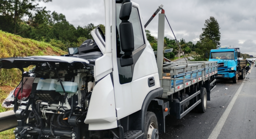 Fotografia do local de um acidente de trânsito em uma rodovia. Em primeiro plano, um caminhão de grande porte de cor branca está parado no acostamento com a frente e o capô gravemente danificados, expondo o motor. Ao fundo, outro caminhão azul e veículos parados na pista indicam a ocorrência no tráfego.