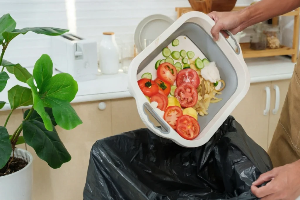 Pessoa usando avental marrom descartando restos de alimentos frescos, como fatias de tomate, pepino e cascas, de um recipiente retrátil diretamente em um saco de lixo preto numa cozinha.