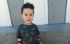 Fotografia em plano médio de uma criança pequena com cabelo escuro arrepiado, olhando diretamente e sorrindo de leve. Ele veste uma camiseta cinza-escura estampada com desenhos de dinossauros sobre uma blusa de mangas compridas. Ao fundo, observa-se uma parede com painéis verticais claros e cinzas.