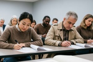 Grupo diversificado de adultos sentados em mesas, concentrados enquanto preenchem papéis durante um exame ou teste numa sala de aula.