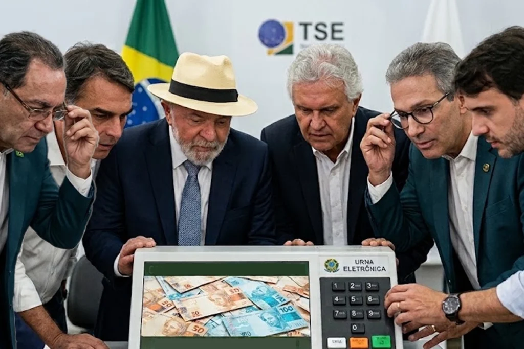 Montagem e ilustração satírica mostrando diversos políticos brasileiros. O presidente Luiz Inácio Lula da Silva de chapéu panamá ao centro, ladeado à sua direita por Flávio Bolsonaro, de camisa branca e Augusto Cury de terno azul escuro. à sua esquerda estão Ronaldo Caiado vestindo paletó azul marinho e caisa branca, Romeu Zema, com paletó cinza chumbo e camisa branca e Renan Santos de camisa branca. Estão todos reunidos atentamente ao redor de uma urna eletrônica que exibe cédulas de Reais (notas de 50 e 100 reais) em sua tela, em uma sala com o logotipo do TSE e a bandeira do Brasil ao fundo.