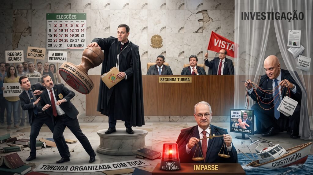 Ilustração editorial satírica representando figuras do Judiciário e da política brasileira em um cenário que remete ao Supremo Tribunal Federal (STF). No centro, o ministro André Mendonça aparece vestindo toga sobre trajes clericais, segurando uma pasta da Polícia Federal e empunhando um carimbo gigante com a inscrição "DECISÃO MONOCRÁTICA", prestes a carimbar a cabeça do diretor-geral da Polícia Federal Andrey Rodrigues. Ao fundo, no painel da "SEGUNDA TURMA", estão os ministros Nunes Marques, Luiz Fux e Gilmar Mendes, que segura uma bandeira vermelha escrito "VISTA". Na lateral direita, Alexandre de Moraes manipula fios e documentos de "RELATÓRIO DE INTELIGÊNCIA PÚBLICO", enquanto à frente o ministro Edson Fachin segura a balança da justiça em um cenário marcado pelas palavras "CRISE ELEITORAL" e "IMPASSE". Ao redor, há cartazes de protesto, um barco naufragando batizado de "CONSTITUIÇÃO" e referências ao cenário político.