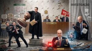 Ilustração editorial satírica representando figuras do Judiciário e da política brasileira em um cenário que remete ao Supremo Tribunal Federal (STF). No centro, o ministro André Mendonça aparece vestindo toga sobre trajes clericais, segurando uma pasta da Polícia Federal e empunhando um carimbo gigante com a inscrição "DECISÃO MONOCRÁTICA", prestes a carimbar a cabeça do diretor-geral da Polícia Federal Andrey Rodrigues. Ao fundo, no painel da "SEGUNDA TURMA", estão os ministros Nunes Marques, Luiz Fux e Gilmar Mendes, que segura uma bandeira vermelha escrito "VISTA". Na lateral direita, Alexandre de Moraes manipula fios e documentos de "RELATÓRIO DE INTELIGÊNCIA PÚBLICO", enquanto à frente o ministro Edson Fachin segura a balança da justiça em um cenário marcado pelas palavras "CRISE ELEITORAL" e "IMPASSE". Ao redor, há cartazes de protesto, um barco naufragando batizado de "CONSTITUIÇÃO" e referências ao cenário político.