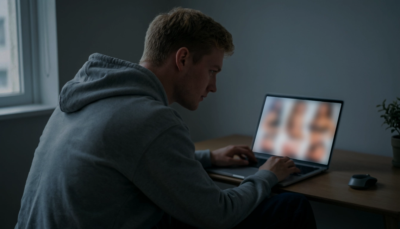 Jovem vestindo casaco com capuz cinza sentado em uma mesa e usando notebook em ambiente com iluminação baixa. A tela do computador exibe imagens desfocadas de mulheres.