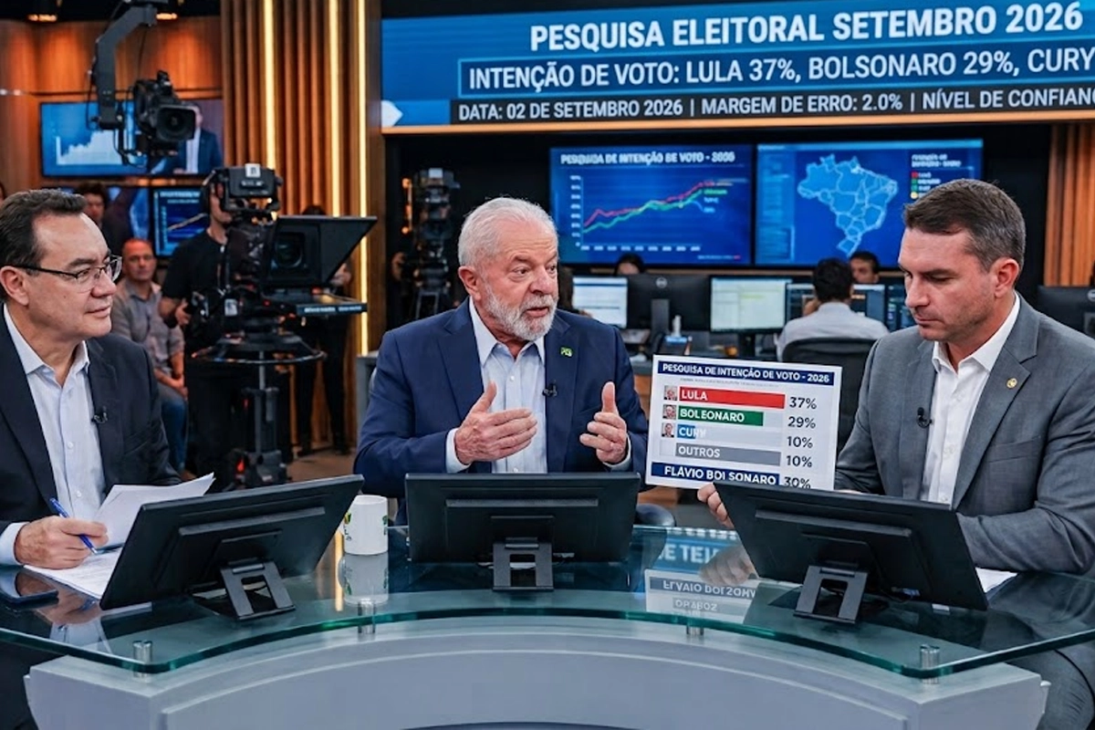 A imagem, gerada por Inteligência Artificial, apresenta um estúdio de televisão durante a transmissão de um programa jornalístico focado nas eleições. No centro da bancada, o presidente Lula fala gesticulando com as mãos. À sua esquerda, o candidato Augusto Cury, e à sua direita, o senador Flávio Bolsonaro segura uma placa com gráficos de intenção de voto. Ao fundo, há uma grande tela azul com o título "PESQUISA ELEITORAL SETEMBRO 2026", exibindo dados de intenção de voto entre Lula, Bolsonaro e Cury. A ambientação conta ainda com câmeras de estúdio, telas de monitoramento e uma pequena plateia no lado esquerdo.