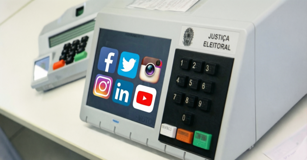 Imagem conceitual que exibe uma urna eletrônica de votação da Justiça Eleitoral do Brasil. Na tela digital da urna, estão sobrepostos vários ícones coloridos de redes sociais populares, como Facebook, X (antigo Twitter), Instagram, LinkedIn e YouTube. Ao lado da tela, observa-se o teclado numérico e os botões de confirmação, correção e voto em branco.