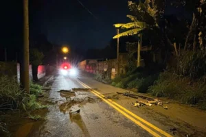 Fotografia noturna de uma via de mão dupla asfaltada com faixa central amarela dupla, onde há acúmulo de lama, sujeira e pedaços de galhos espalhados sobre o asfalto. Ao fundo, no centro da pista, vê-se uma viatura com os faróis e o giroflex vermelho acesos. Nas laterais da via há postes de iluminação, muros e vegetação densa, incluindo uma bananeira à direita.