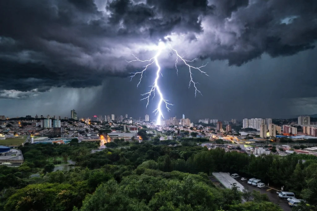 Raio brilhante caindo sobre uma cidade sob céu escuro de tempestade, com luzes urbanas acesas ao fundo e uma vasta área verde de árvores em primeiro plano.