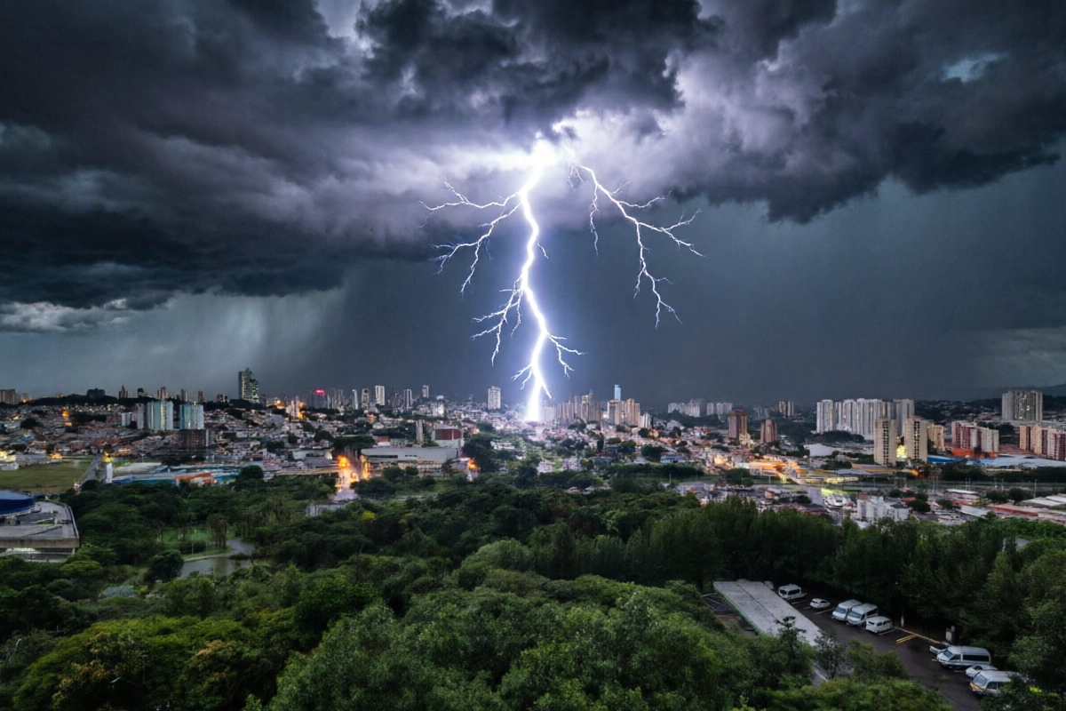 Raio brilhante caindo sobre uma cidade sob céu escuro de tempestade, com luzes urbanas acesas ao fundo e uma vasta área verde de árvores em primeiro plano.