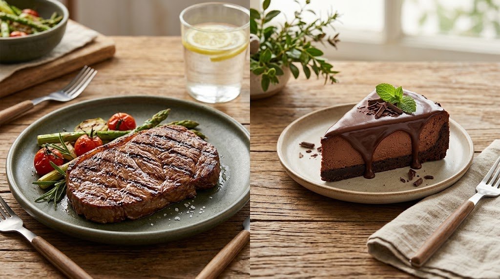 Uma fotografia de estilo editorial de culinária, com iluminação natural e suave, sobre uma mesa de madeira rústica, apresentando duas opções de pratos em uma composição dividida ao meio. À esquerda, em um prato de cerâmica verde-escuro, está um bife de carne vegetal que imita perfeitamente a carne animal. O bife está bem grelhado, com marcas de grelha escuras e suculentas, acompanhado por aspargos, pequenos tomates-cereja grelhados e um raminho de alecrim. Ao lado do prato, há talheres de metal com cabo de madeira e, ao fundo, um copo de água com rodelas de limão e uma tigela com salada de legumes. À direita, em um prato de cerâmica clara, está uma generosa fatia de torta de chocolate. A torta tem uma base escura de biscoito, um recheio denso e cremoso e uma cobertura de calda de chocolate brilhante que escorre pelas laterais, decorada com raspas de chocolate e uma folhinha de hortelã. Ao lado, há um garfo com cabo de madeira sobre um guardanapo de linho amassado e, ao fundo, um pequeno vaso com planta, tudo sob uma luz natural que entra por uma janela desfocada.