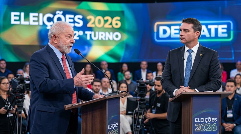 Uma fotografia em estilo editorial com qualidade de alta resolução mostra Luiz Inácio Lula da Silva e Flávio Bolsonaro em um debate de TV para o segundo turno das eleições presidenciais de 2026. O plano médio horizontal captura ambos os homens em pé atrás de pódios de madeira escura e voltados para a esquerda em relação ao plano de visão, ocupando o centro da moldura. À esquerda, Lula está com um terno azul-marinho, camisa azul-clara e gravata vermelha padronizada, e fala ao microfone do pódio com as mãos gestualizadas. À direita, Flávio está com um terno azul-marinho, camisa branca e gravata azul padronizada, e ouve com os braços cruzados no pódio. No fundo, há um grande painel de LED com gráficos abstratos em azul e verde com o texto em branco: "ELEIÇÕES 2026" e "2º TURNO". Um painel menor à direita, mais desfocado, tem o texto: "DEBATE". Uma plateia sentada e operadores de câmera são vistos desfocados atrás dos homens. A iluminação é de estúdio.
