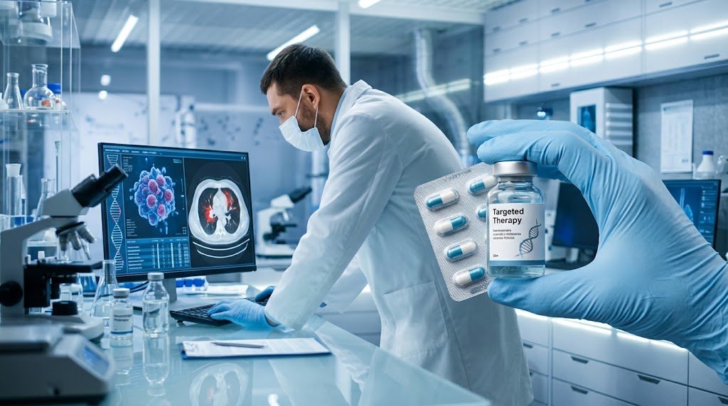 Cientista de bata branca e máscara num laboratório moderno a analisar exames pulmonares em uma tela de computador, enquanto em primeiro plano uma mão com luva azul segura um frasco de medicamento com a inscrição "Targeted Therapy" e uma embalagem de cápsulas.