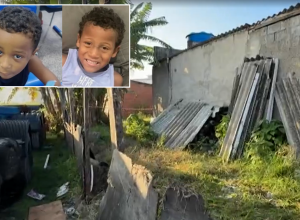 Local onde o carro, com os corpos das crianças (destaque) foi encontrado - Fotos: Reprodução/Redes Sociais e TV