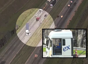 Motorista se recusa a sair do caminhão, dizendo ter uma bomba amarrada ao corpo - Foto: Reprodução/TV