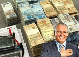 Dinheiro e esmeraldas apreendidos pela polícia. No destaque, Sidney Oliveira, dono da Ultrafarma - Fotos: Reprodução/TV e CC