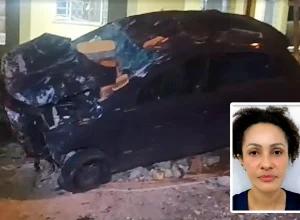 A vítima, em destaque, foi cruelmente assassinada. O carro ficou destruído depois da tentativa de suicídio do suspeito - Fotos: Reprodução/TV